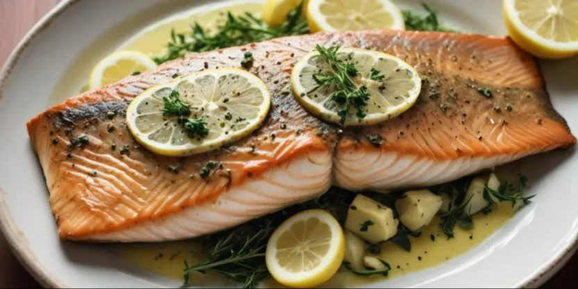 A beautifully prepared whole trout, pan-seared to golden perfection and topped with aromatic garlic herb butter.