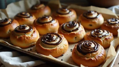 Freshly baked Lithuanian poppy seed buns topped with chocolate glaze on a parchment-lined tray, golden brown with visible swirls of poppy seed filling.