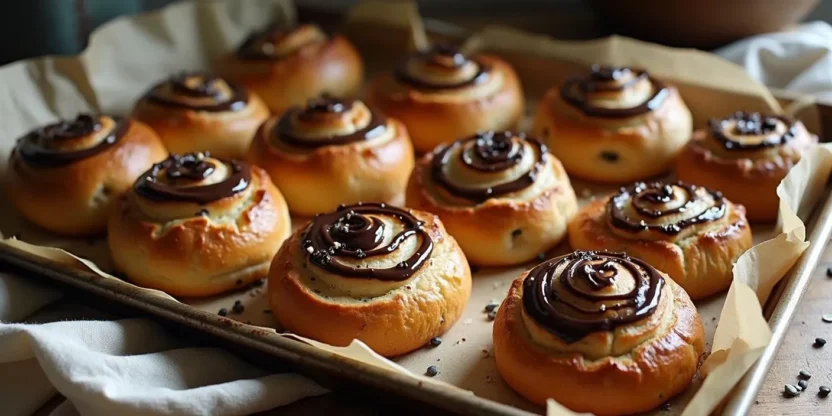 Freshly baked Lithuanian poppy seed buns topped with chocolate glaze on a parchment-lined tray, golden brown with visible swirls of poppy seed filling.