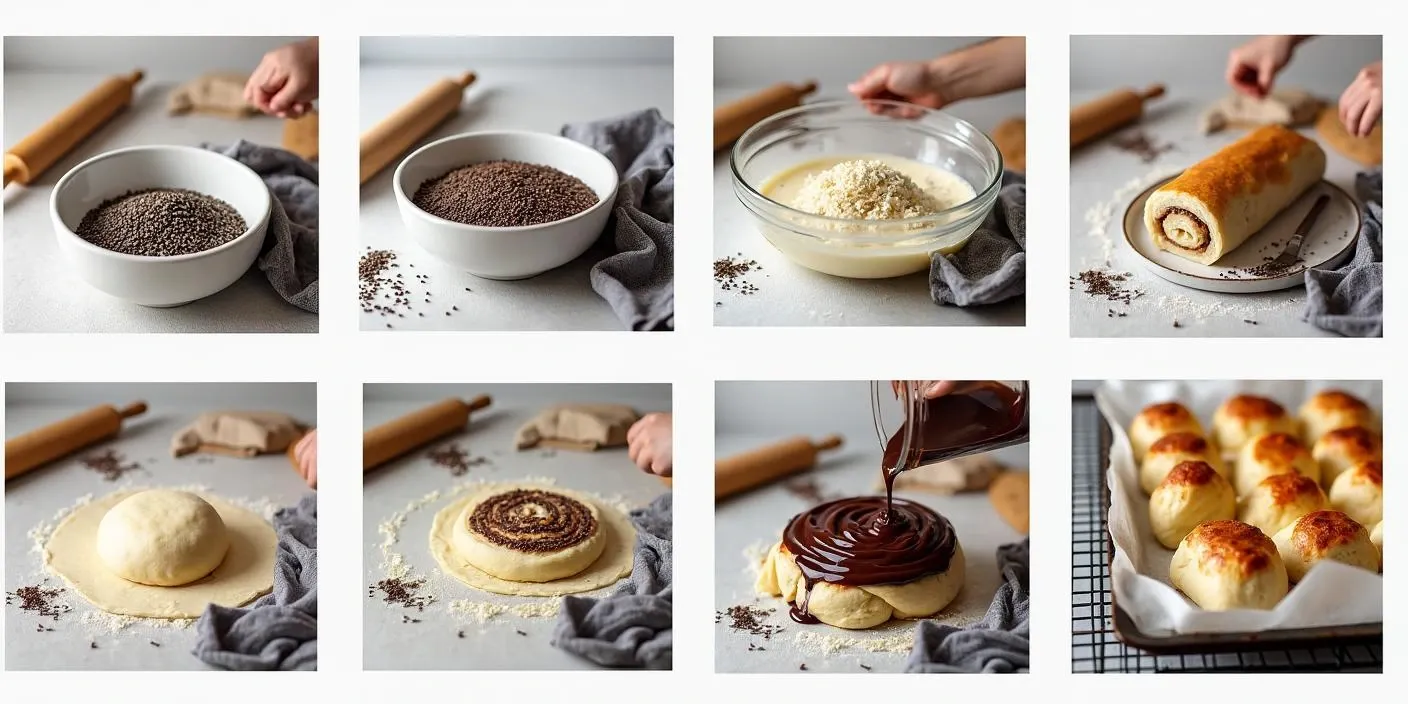 Step-by-step process of making Lithuanian poppy seed buns with chocolate glaze, from soaking the seeds and preparing the dough to baking and glazing the finished pastries.