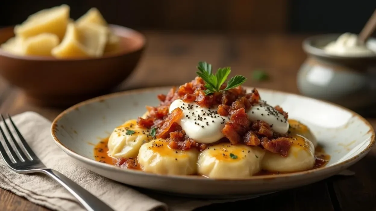 Traditional Lithuanian potato-meat dumplings (Cepelinai) topped with bacon and sour cream gravy on a rustic plate, served hot with garnishes and cozy table setting.