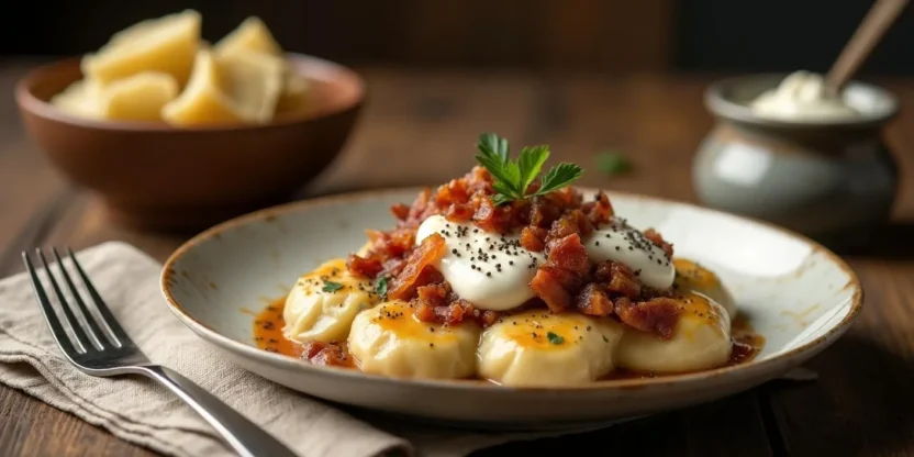 Traditional Lithuanian potato-meat dumplings (Cepelinai) topped with bacon and sour cream gravy on a rustic plate, served hot with garnishes and cozy table setting.