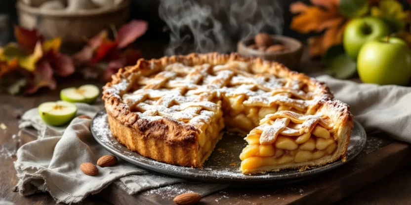 A golden-brown Lithuanian apple pie with a potato crust and lattice top, dusted with powdered sugar, served on a rustic wooden table with green apple slices and almonds scattered around.