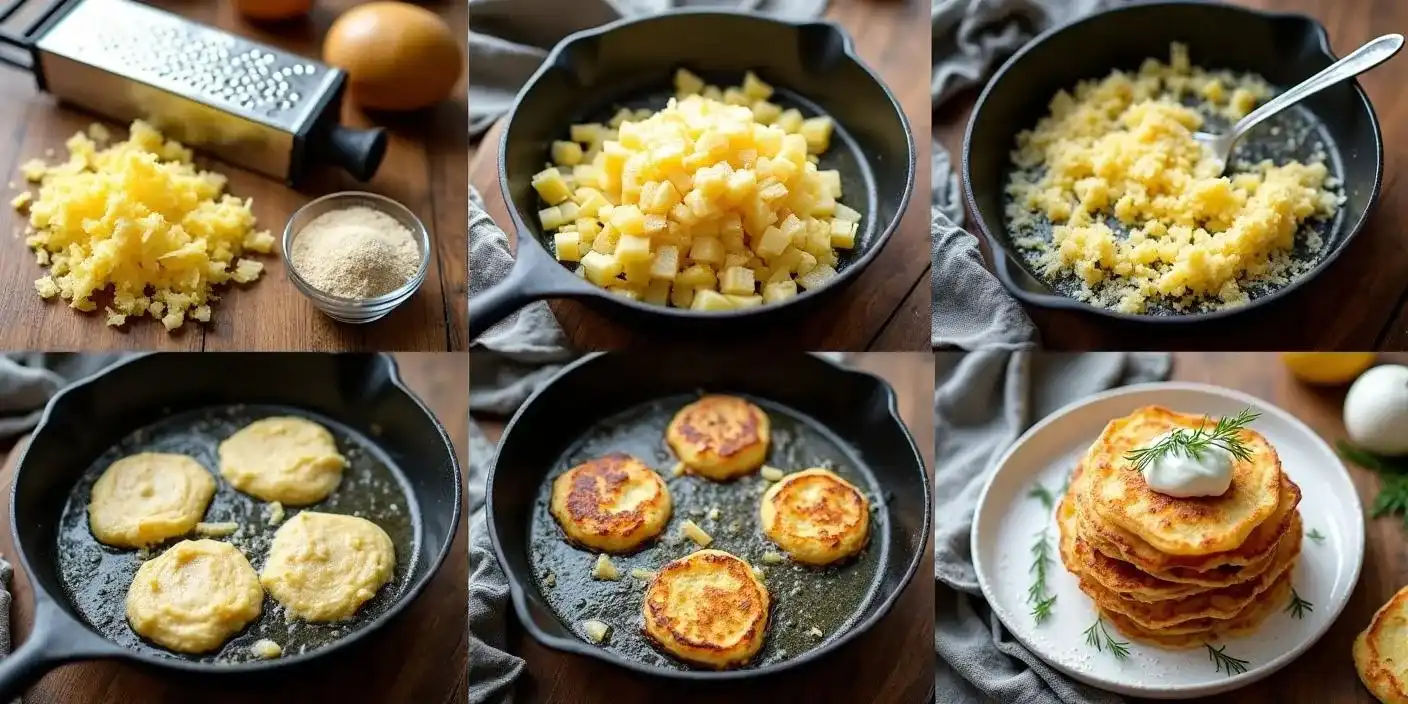 Step-by-step images showing how to make traditional Lithuanian Potato Pancakes (Bulviniai Blynai) from grating potatoes to frying and serving with sour cream.
