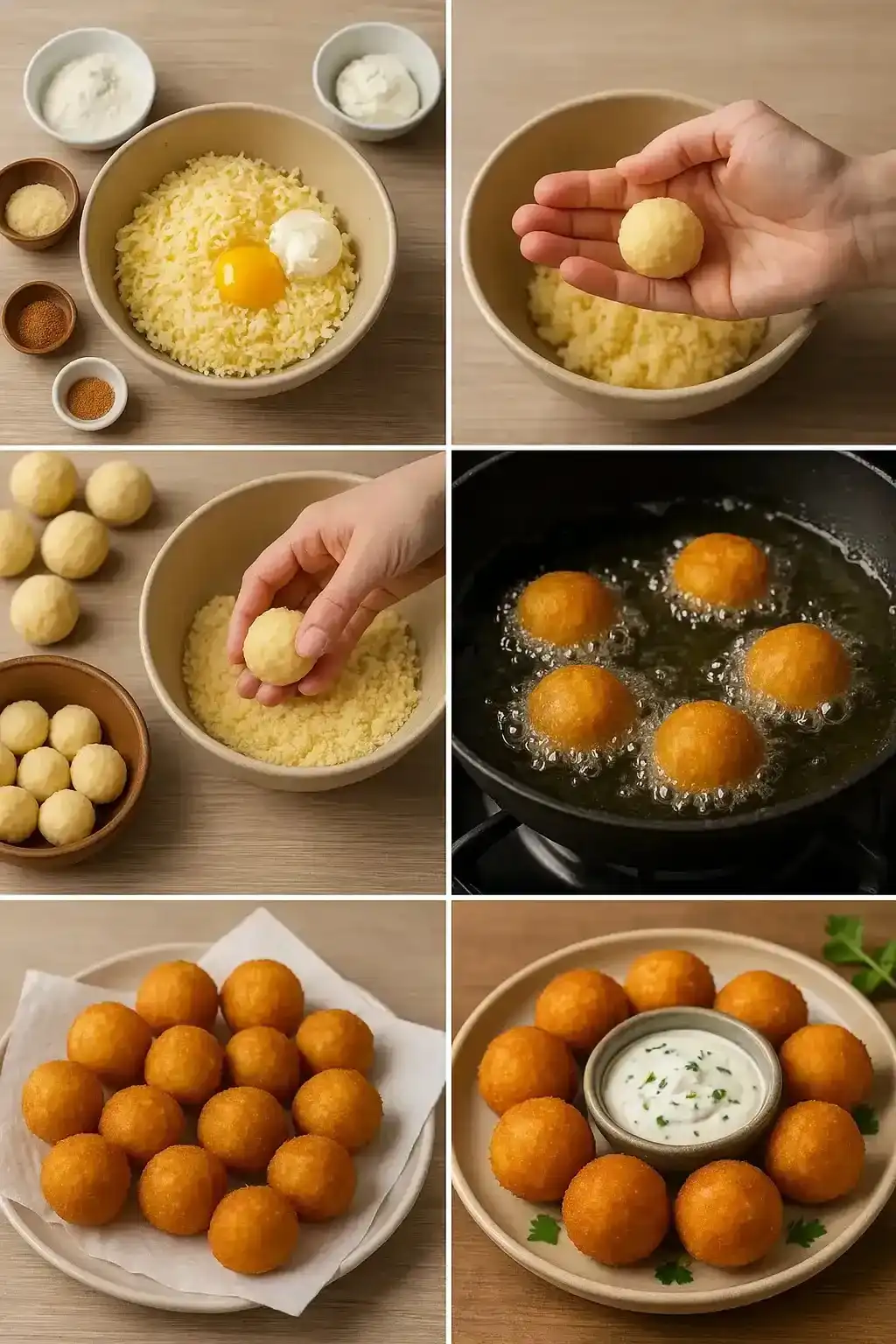 A collage of six step-by-step photos showing how to make Estonian-style cheese balls.