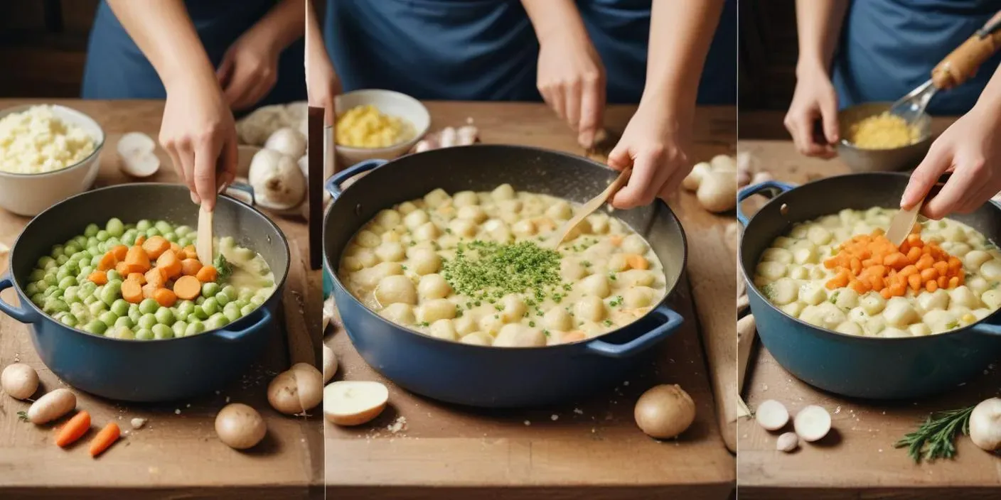 "Step-by-step collage showing the preparation of Hungarian főzelék: chopped fresh vegetables on a rustic counter, sautéing onions with roux in a pan, vegetables simmering in a creamy broth, and the final dish served with a fried egg, sour cream, herbs, and crusty bread in a cozy kitchen setting.