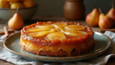 Ricotta and pear upside-down cake with golden caramelized pear slices on top, served on a vintage plate in a cozy kitchen setting