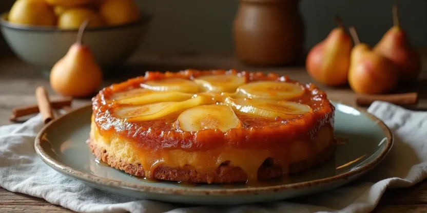 Ricotta and pear upside-down cake with golden caramelized pear slices on top, served on a vintage plate in a cozy kitchen setting