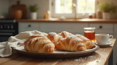 Freshly baked Riga yeast crescent rolls on a wooden table, dusted with powdered sugar in a cozy kitchen setting.