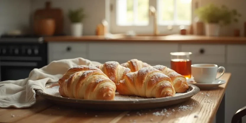 Freshly baked Riga yeast crescent rolls on a wooden table, dusted with powdered sugar in a cozy kitchen setting.
