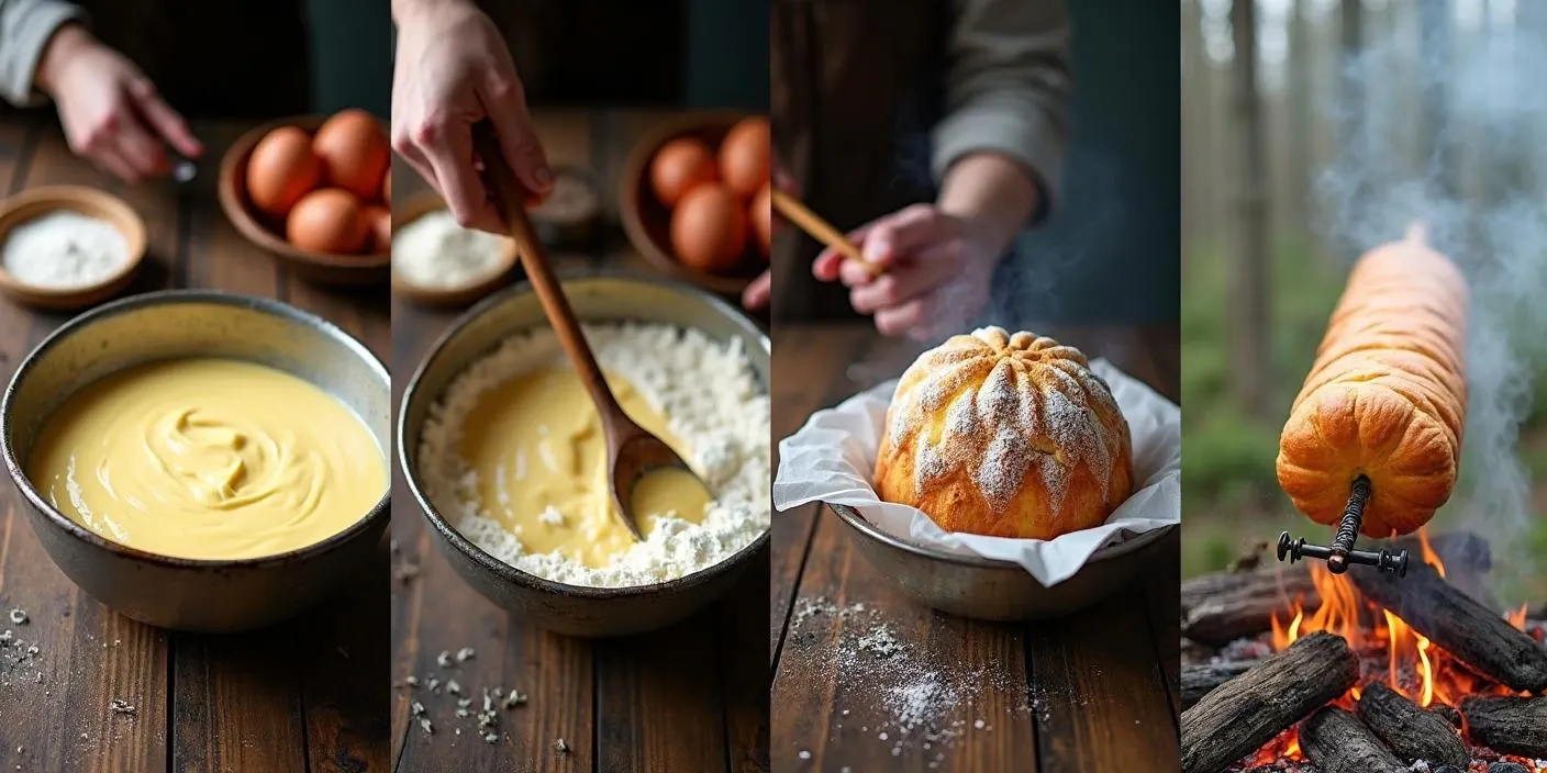 Step-by-step images showing how traditional Lithuanian Šakotis cake is prepared and baked over an open fire, from mixing the batter to the final golden tree-shaped cake.