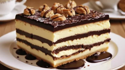 Somlói Galuska is a beloved Hungarian dessert, a true masterpiece of indulgence. This irresistible treat is made by layering soft, spongy cakes — vanilla, chocolate, and walnut — soaked in a rum-infused syrup, and generously topped with rich chocolate sauce, plump raisins, and crunchy walnuts.
