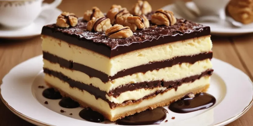 Somlói Galuska is a beloved Hungarian dessert, a true masterpiece of indulgence. This irresistible treat is made by layering soft, spongy cakes — vanilla, chocolate, and walnut — soaked in a rum-infused syrup, and generously topped with rich chocolate sauce, plump raisins, and crunchy walnuts.