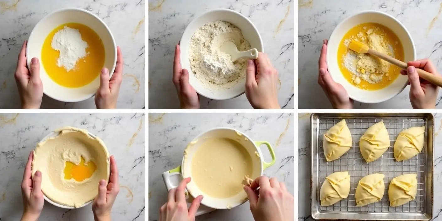 Step-by-step process of making traditional Lithuanian sour cream pastries (Grietiniečiai), from preparing dough and cheese filling to shaping and baking the pastries.
