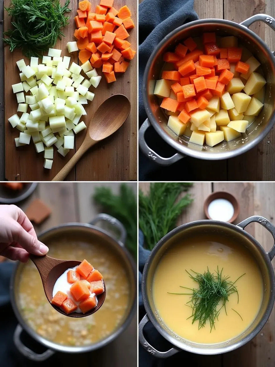 Step-by-step preparation of traditional Finnish Salmon Soup (Lohikeitto) with fresh salmon, vegetables, cream, and dill in a cozy Nordic kitchen setting.
