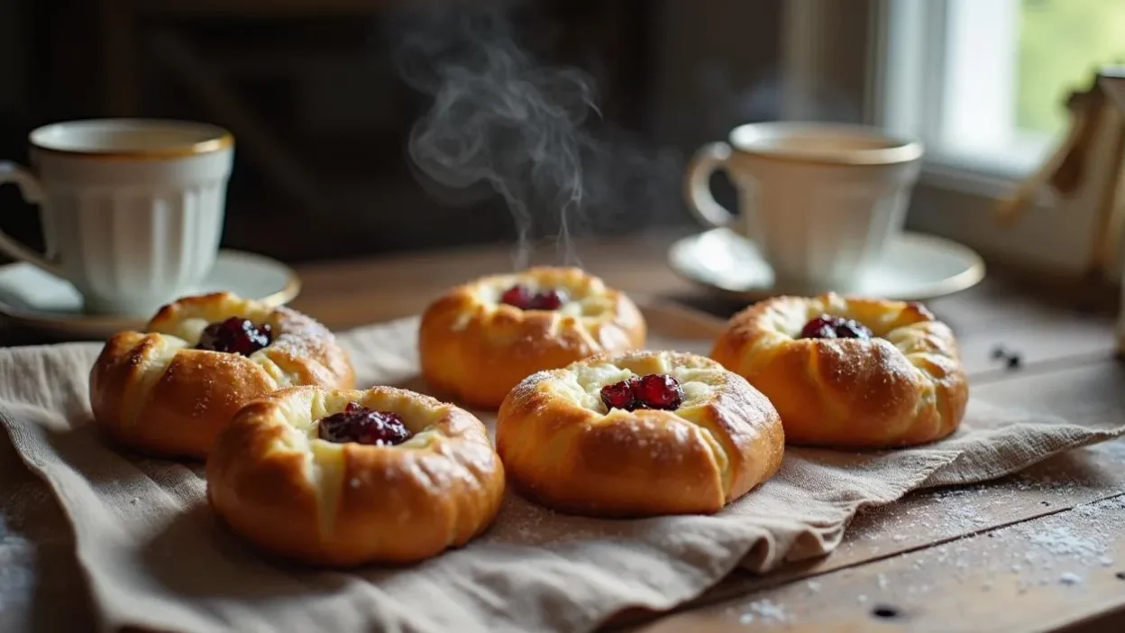 Freshly baked Lithuanian sweet cheese buns (Bandelės Su Varške) with golden crusts and creamy cheese filling, topped with jam, displayed on a rustic wooden table.