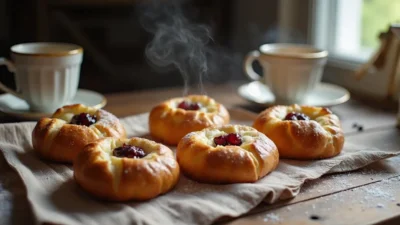 Freshly baked Lithuanian sweet cheese buns (Bandelės Su Varške) with golden crusts and creamy cheese filling, topped with jam, displayed on a rustic wooden table.