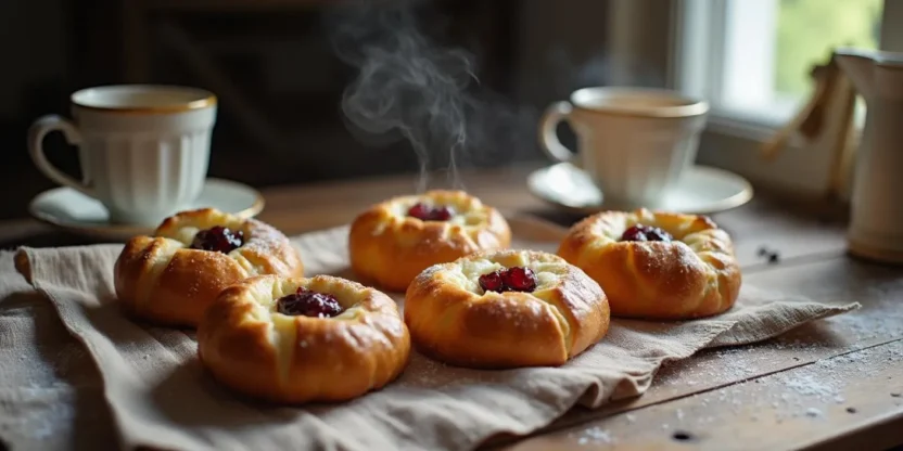 Freshly baked Lithuanian sweet cheese buns (Bandelės Su Varške) with golden crusts and creamy cheese filling, topped with jam, displayed on a rustic wooden table.