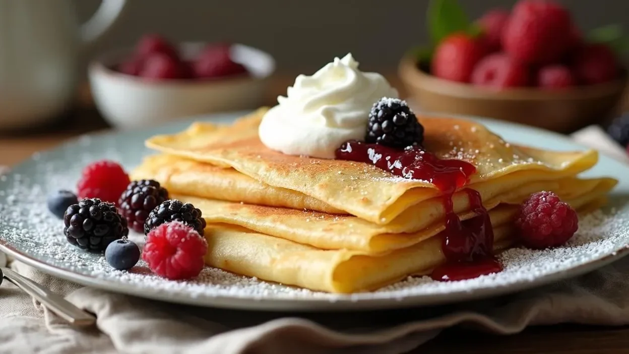 Sweet Lithuanian crepes filled with farmer’s cheese, served with sour cream and berry jam on a rustic plate, garnished with fresh berries and powdered sugar.