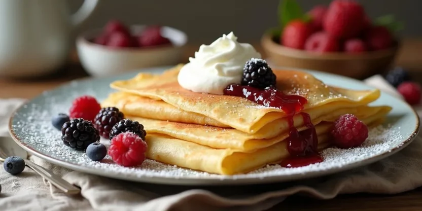Sweet Lithuanian crepes filled with farmer’s cheese, served with sour cream and berry jam on a rustic plate, garnished with fresh berries and powdered sugar.