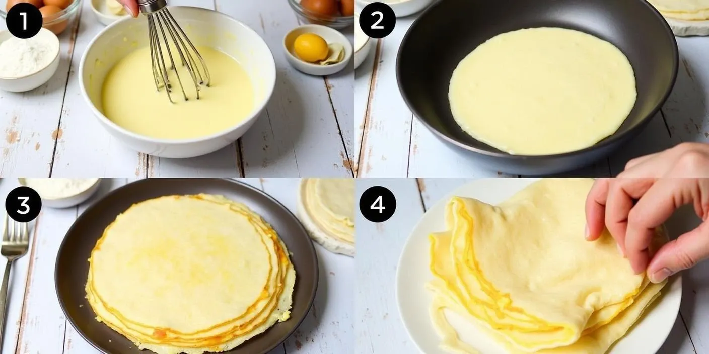 Step-by-step visuals of preparing Lithuanian crepes with farmer’s cheese filling – from making the batter, cooking the crepes, filling them with cheese, to pan-frying until golden brown.
