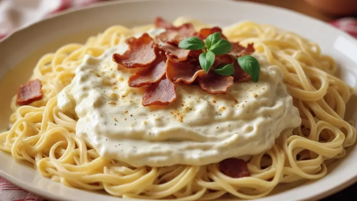 Túrós Csusza is a beautifully plated Hungarian dish that brings together creamy curd cheese, crispy bacon, and soft, perfectly cooked noodles.