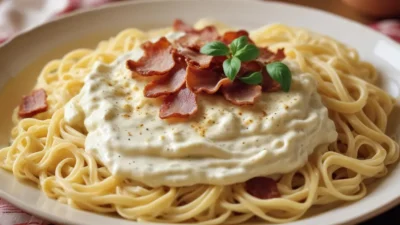 Túrós Csusza is a beautifully plated Hungarian dish that brings together creamy curd cheese, crispy bacon, and soft, perfectly cooked noodles.