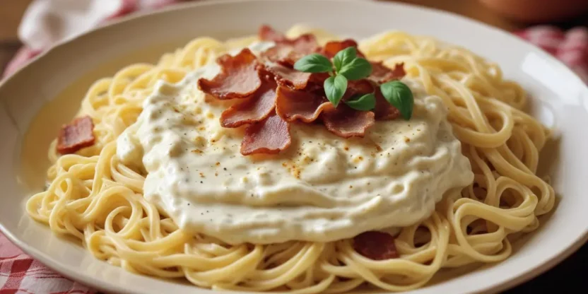 Túrós Csusza is a beautifully plated Hungarian dish that brings together creamy curd cheese, crispy bacon, and soft, perfectly cooked noodles.