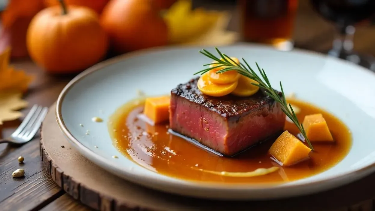 Plated venison filet with gingerbread demi-glace, rosemary apples, pumpkin purée, and pickled pumpkin discs, styled on a rustic autumn table with warm lighting and seasonal decor.