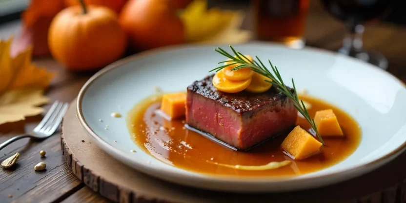 Plated venison filet with gingerbread demi-glace, rosemary apples, pumpkin purée, and pickled pumpkin discs, styled on a rustic autumn table with warm lighting and seasonal decor.