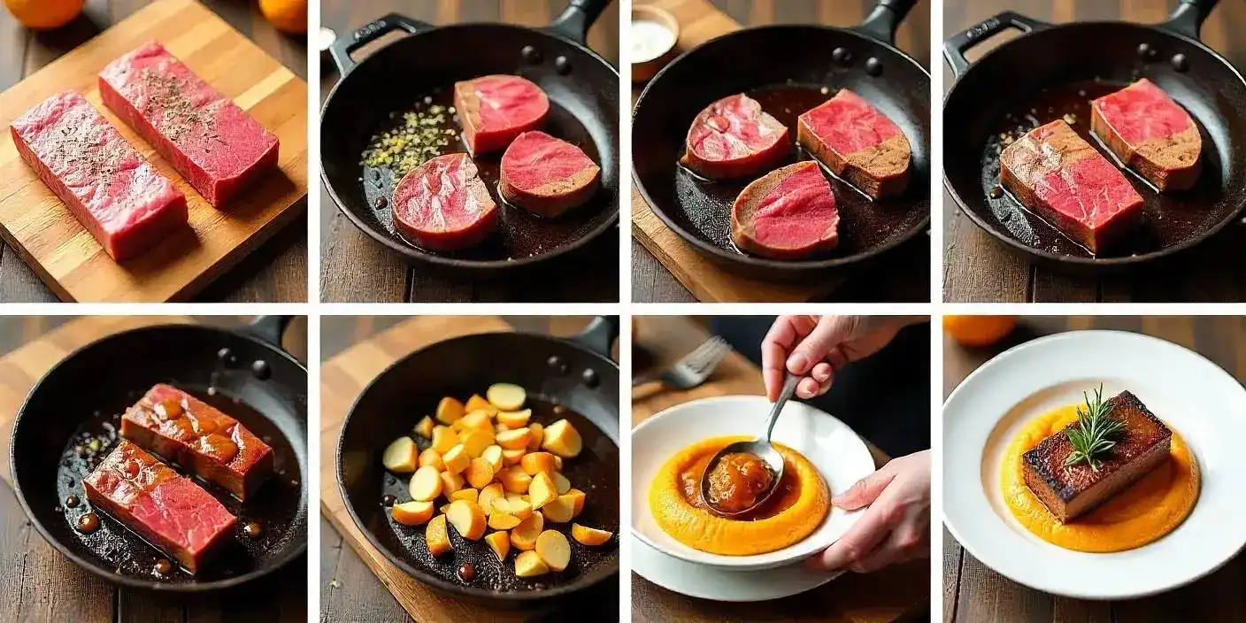 Step-by-step visuals showing how to prepare venison with gingerbread demi-glace, rosemary-spiced apples, and pumpkin elements, including searing, sauce-making, and final plating in a rustic kitchen setting.