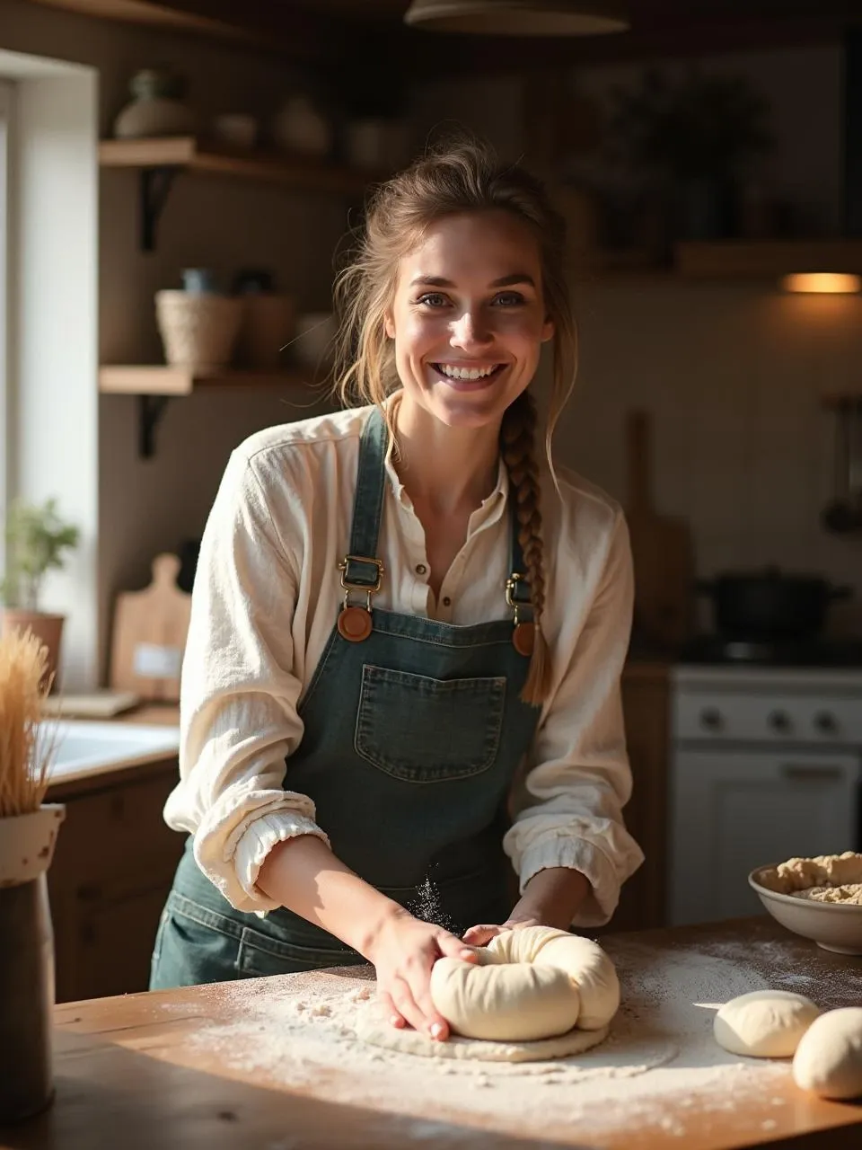 "Attractive young woman preparing Finnish rye bread rings (Ruisreikäleipä) in a cozy rustic kitchen