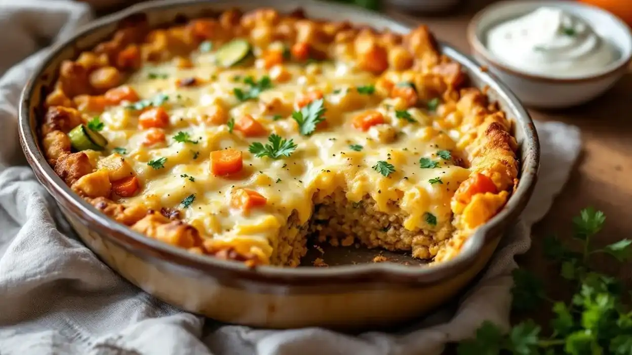 Baked buckwheat casserole with melted cheese, sliced to show buckwheat, farmer’s cheese, and vegetables, served in a rustic ceramic dish.