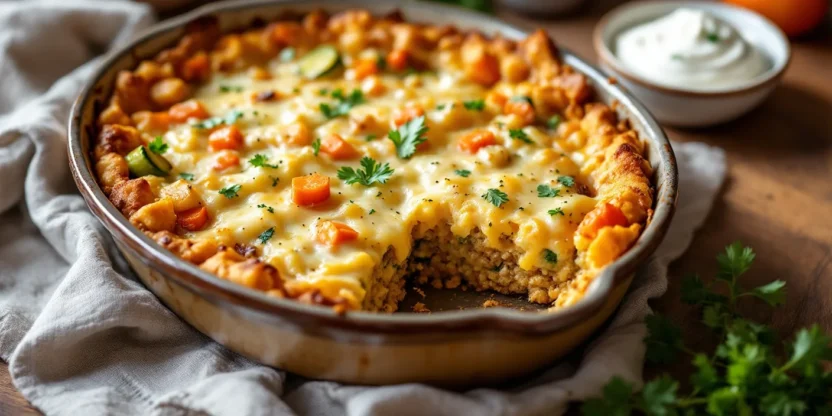 Baked buckwheat casserole with melted cheese, sliced to show buckwheat, farmer’s cheese, and vegetables, served in a rustic ceramic dish.
