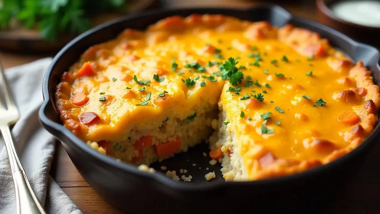 Baked buckwheat casserole with melted cheddar cheese and vegetables in a rustic dish, served on a wooden table with sour cream and fresh herbs.
