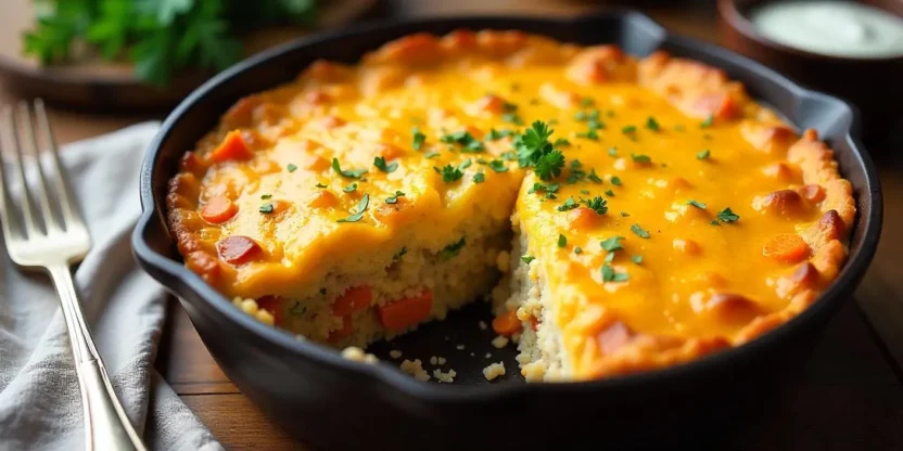 Baked buckwheat casserole with melted cheddar cheese and vegetables in a rustic dish, served on a wooden table with sour cream and fresh herbs.