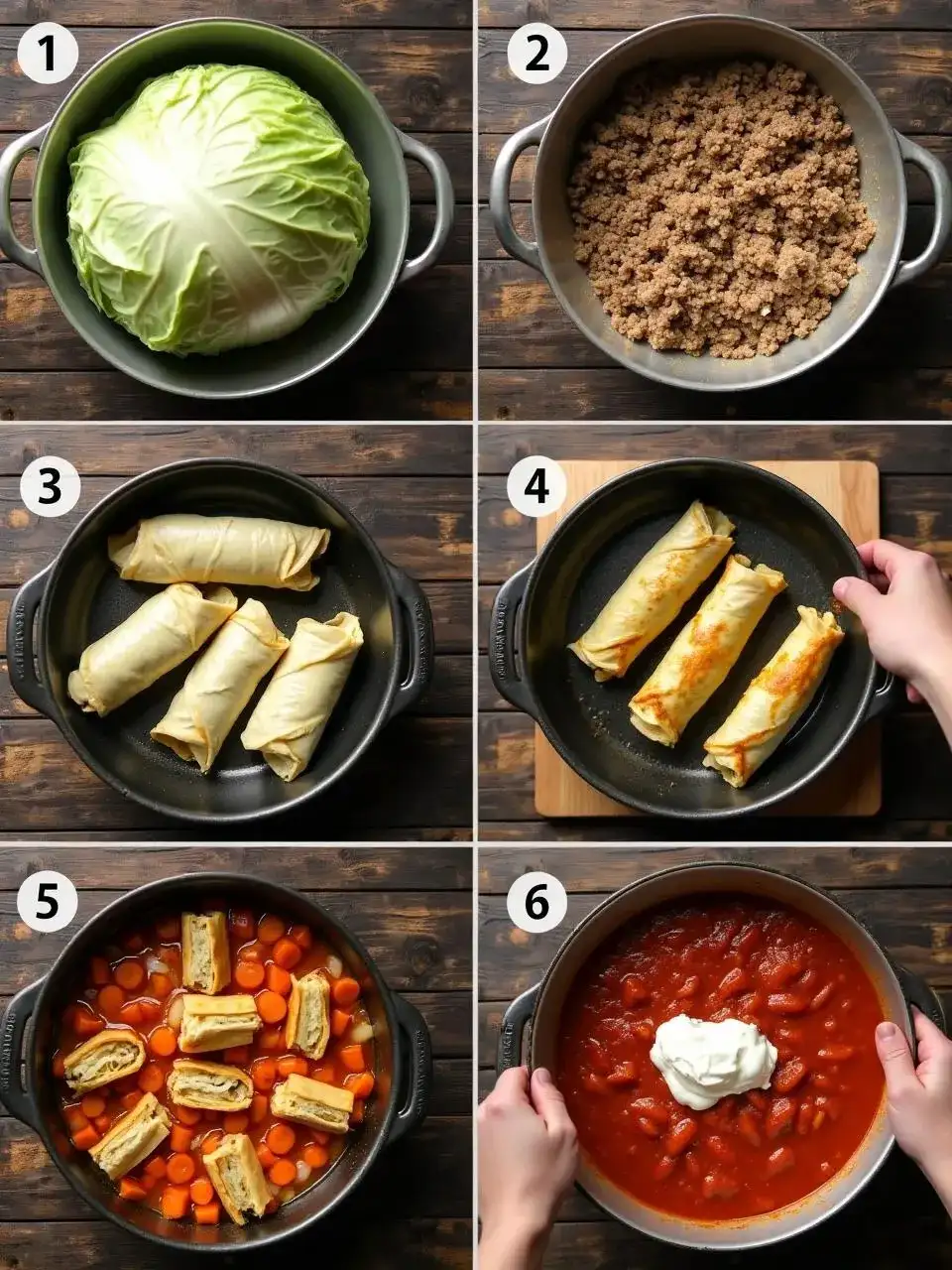 Step-by-step process of making traditional Lithuanian cabbage rolls (Balandėliai), from boiling cabbage to assembling and cooking the rolls in sauce.