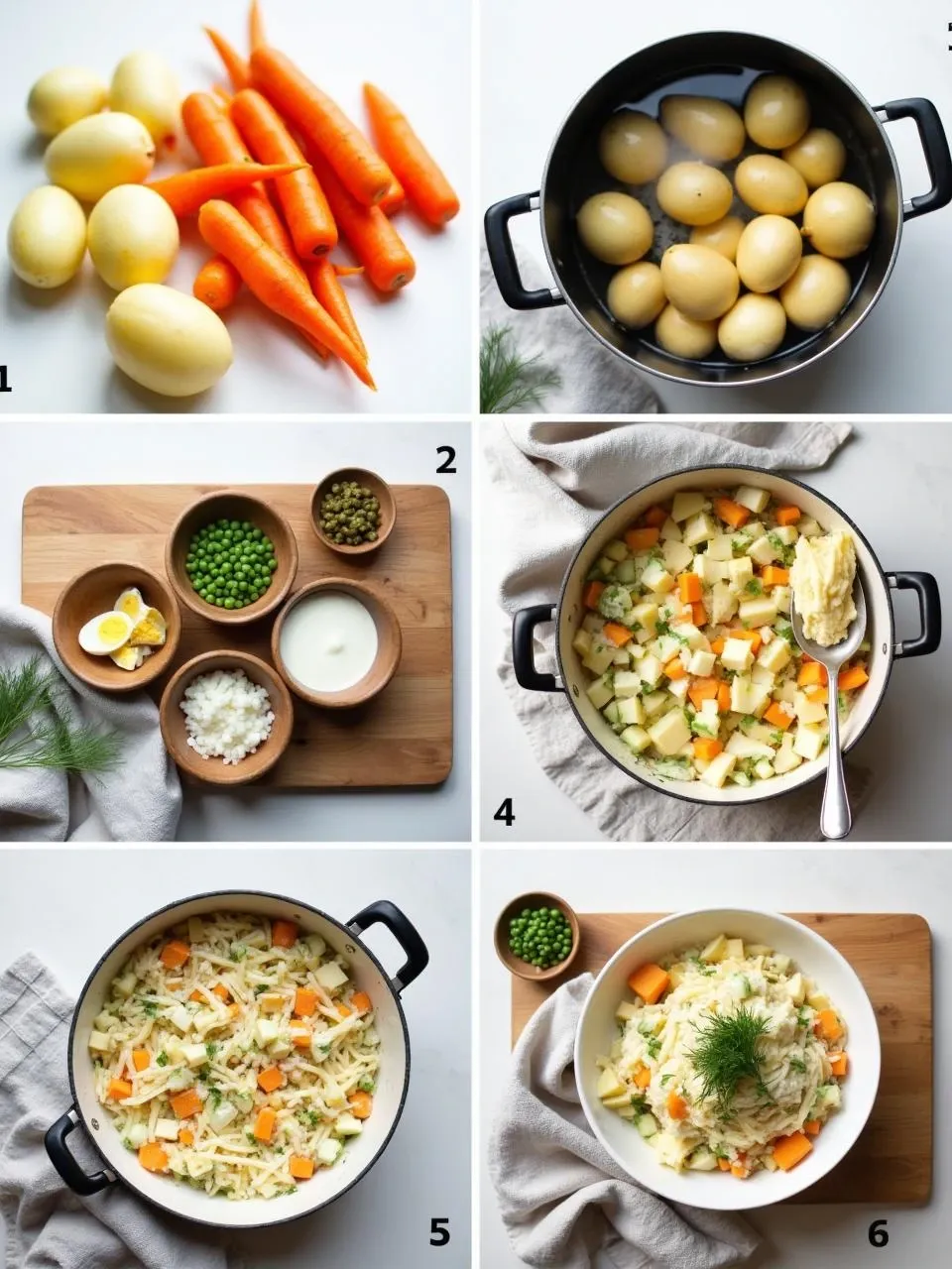 Step-by-step preparation of traditional Lithuanian Balta Mišrainė boiled vegetable salad with potatoes, carrots, eggs, peas, and mayonnaise