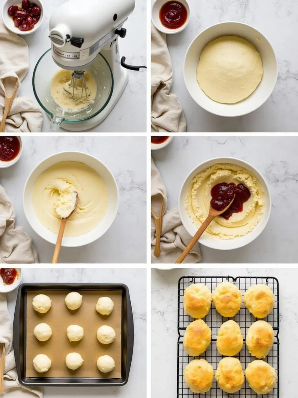 Step-by-step process of making Lithuanian sweet cheese buns with farmer’s cheese filling