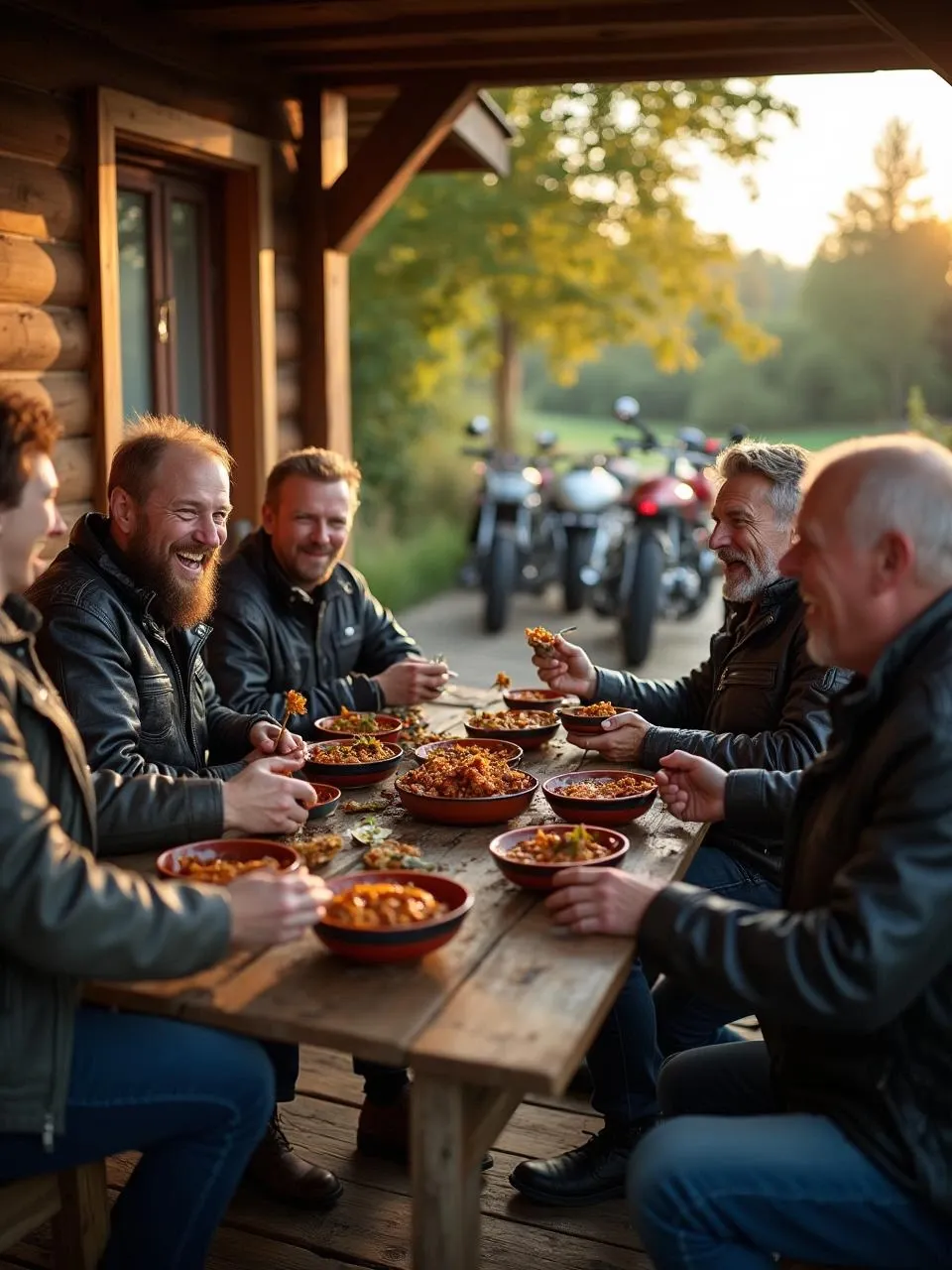 Group of bikers eating Lithuanian pork goulash on a wooden veranda with motorcycles parked in the background.