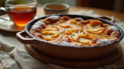 Slice of traditional Latvian bread casserole with apples, dusted with powdered sugar, served with a cup of tea in a cozy kitchen