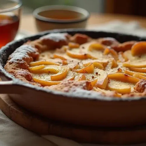 Slice of traditional Latvian bread casserole with apples, dusted with powdered sugar, served with a cup of tea in a cozy kitchen