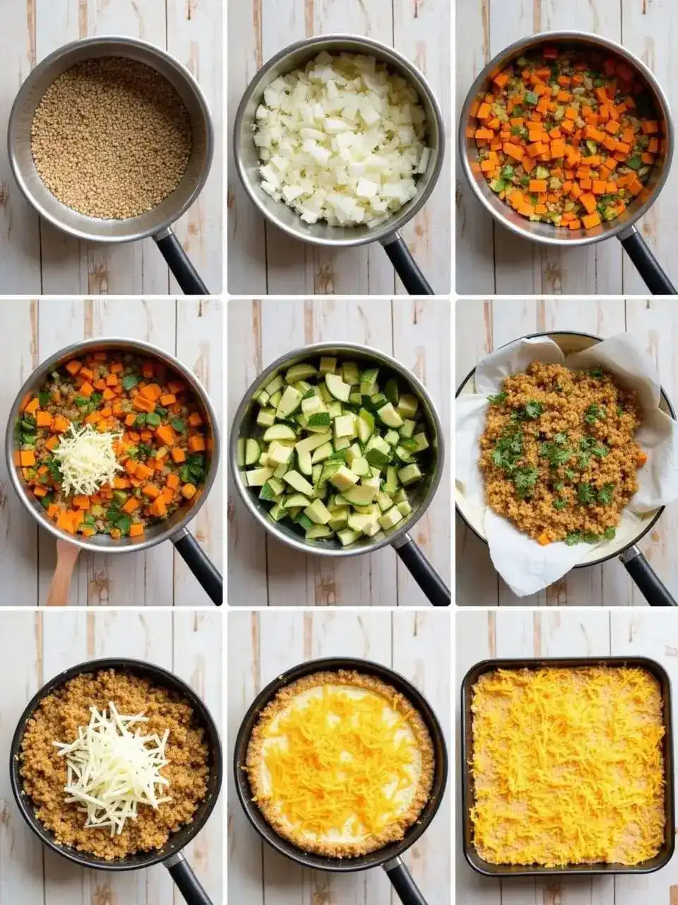 Step-by-step preparation of a baked buckwheat casserole with farmer’s cheese, vegetables, and cheddar cheese, from ingredients to final dish.
