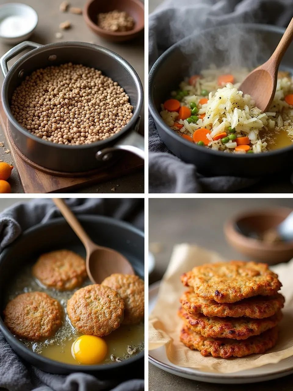 Step-by-step process of making Lithuanian buckwheat fritters, from soaking the groats to pan-frying the golden crispy patties.