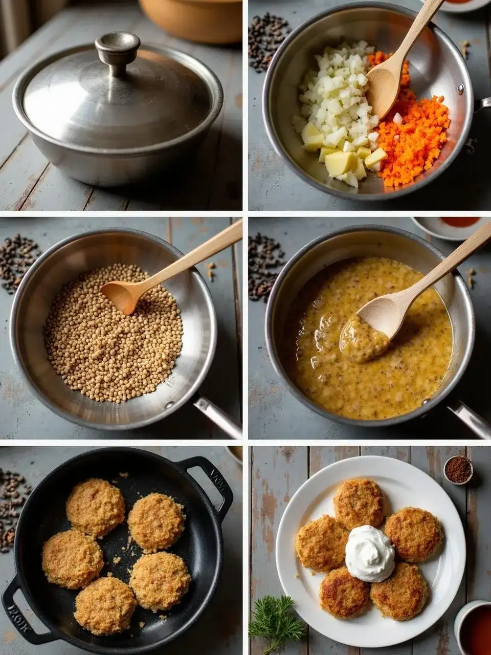 Step-by-step photos showing how to make savory Lithuanian buckwheat fritters from soaking groats to frying and serving.