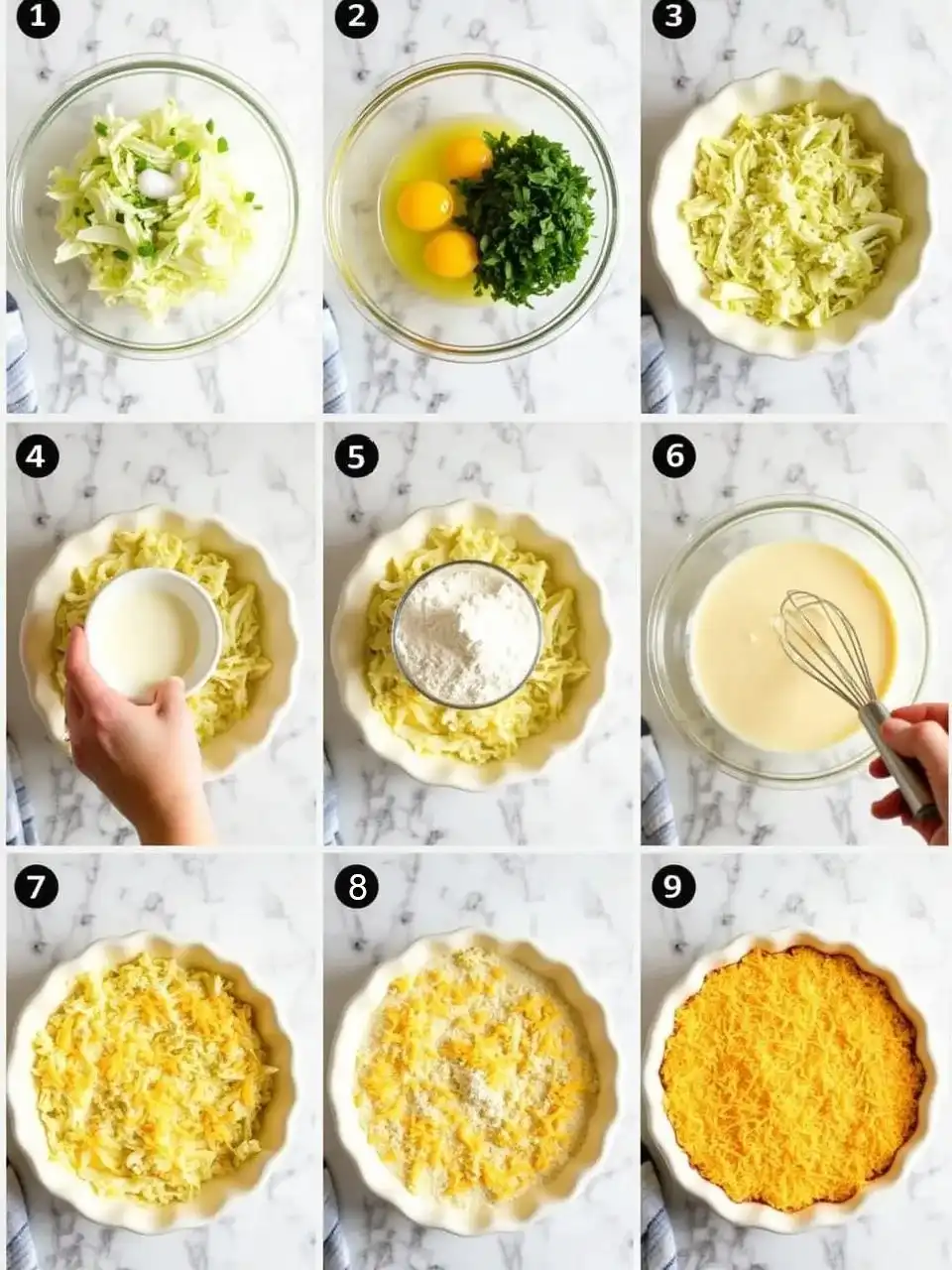 Step-by-step process of preparing a traditional Lithuanian cabbage casserole with cheese, shown in top-down cooking photos.