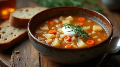 A hearty bowl of Latvian sauerkraut soup garnished with sour cream and dill, served with rye bread on a rustic wooden table.