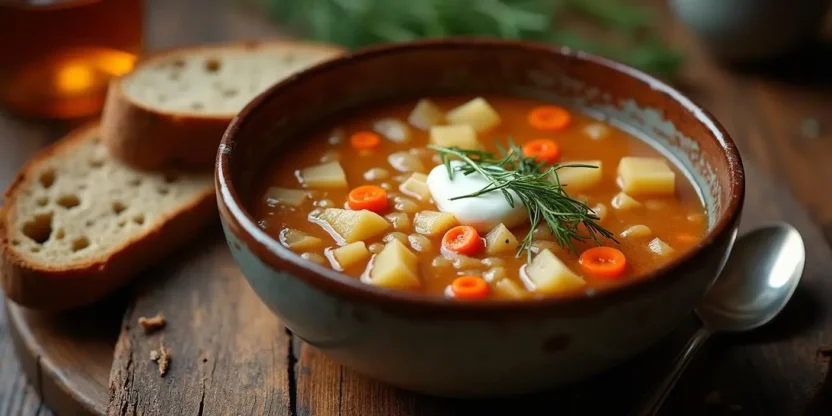 A hearty bowl of Latvian sauerkraut soup garnished with sour cream and dill, served with rye bread on a rustic wooden table.
