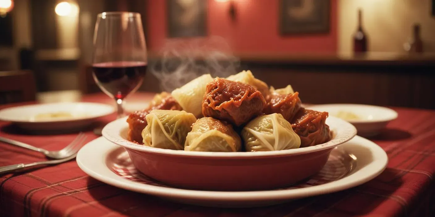 A plate of steaming stuffed cabbage rolls served in a cozy restaurant, with a glass of red wine on the table.