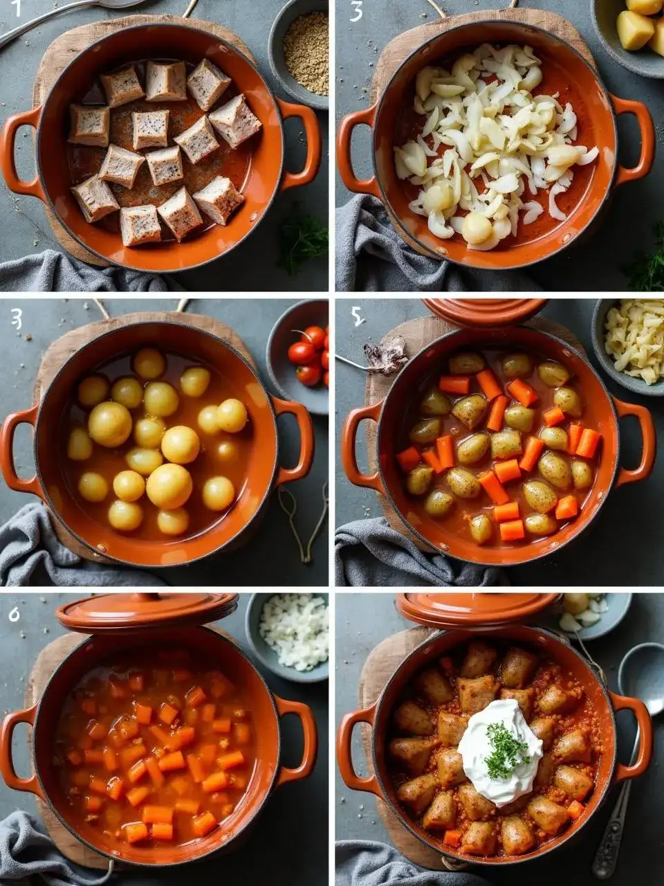 Step-by-step preparation of traditional Lithuanian Čenakai pork stew cooked in individual clay pots